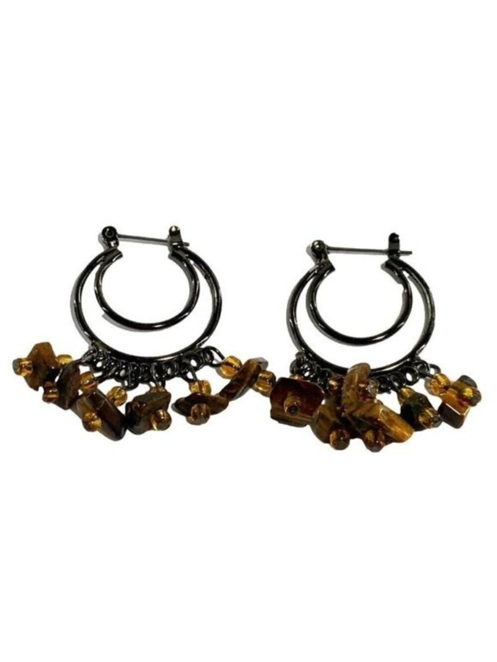 Double Hoop Earrings With Tigers Eye Beads Fringe Natural Stone